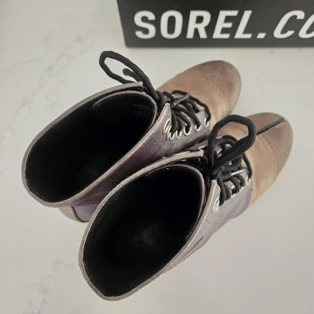 Sorel PDX Lexie Leather Canvas Wedge Lace-Up Ankle Boot Gray Brown Size 8.5 - Picture 5 of 9